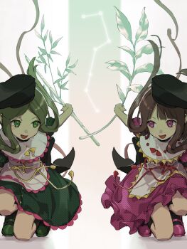 2girls black_hat brown_hair commentary_request dress green_dress green_eyes green_hair hat highres holding holding_plant kaigen_1025 multiple_girls nishida_satono pink_dress plant purple_eyes smile teireida_mai touhou