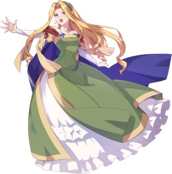 Rule 34 | 1girl, artist request, bare shoulders, blonde hair, blue cape, blue eyes, breasts, cape, cloe da pontina, collarbone, curtained hair, dress, earrings, full body, green dress, green hairband, hairband, jewelry, juliet sleeves, layered sleeves, light blush, long dress, long sleeves, loose hair strand, medium breasts, narrow waist, nexon, official art, open hand, open mouth, parted bangs, petticoat, princess dress, puffy sleeves, ringlets, second-party source, short over long sleeves, short sleeves, side slit, simple background, skinny, solo, strapless, strapless dress, tales weaver, teeth, tongue, transparent background, upper teeth only, white sleeves, yellow sleeves