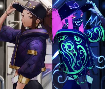 1girl akali ass bracelet brown_eyes brown_hair choker earrings female_focus glowing glowing_eyes hood hooded_jacket jacket jewelry k/da_(league_of_legends) k/da_akali league_of_legends looking_at_viewer mask midriff namunamu_(kkyyao) neon_lights official_alternate_costume parted_lips ponytail purple_hair solo split_screen ultraviolet_light yellow_eyes
