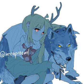 1girl bad_tag blonde_hair blue_fur bocchi_the_rock! closed_mouth collared_shirt fake_antlers ijichi_nijika light_blush long_hair looking_at_viewer necktie ponytail red_eyes red_necktie ree_(re-19) shirt side_ponytail simple_background solo squatting twitter_username white_background white_shirt wolf yellow_eyes