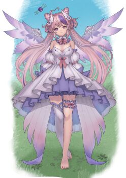 Rule 34 | 1girl, angel, angel wings, closed mouth, commentary, double bun, dress, english commentary, hair bun, halo, heterochromia, highres, ironmouse, ironmouse outfit art contest, long hair, looking at viewer, multicolored hair, pink hair, purple eyes, purple streaks, red eyes, single thighhigh, smile, solo, streaked hair, thighhighs, twintails, velvetsage028, very long hair, virtual youtuber, vshojo, white dress, white thighhighs, wings