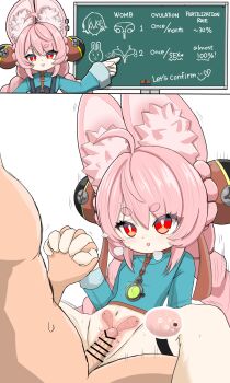 1boy 1girl absurdres ahoge animal_ear_fluff animal_ear_piercing animal_ears bar_censor bicornuate_uterus blue_shirt bottomless braid breasts censored chalkboard clothed_sex commentary_request cum fertilization furry furry_female furry_with_non-furry hair_ornament hetero highres holding_hands impregnation interlocked_fingers interspecies long_hair open_mouth ovum penis pink_hair rabbit_ears rabbit_girl red_eyes sex sex_ed shirt simesaba_(xwdt4337) small_breasts sperm_cell sphere_hair_ornament thick_eyebrows twin_braids uterus vaginal x-ray zenless_zone_zero zhao_(zenless_zone_zero)