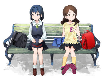 2girls aged_down backpack bag bench black_hair blue_eyes blush brown_eyes brown_hair cellphone commentary_request hat holding holding_phone idolmaster idolmaster_million_live! kitazawa_shiho long_hair looking_to_the_side mogami_shizuka multiple_girls phone randoseru shirop_imas sitting unworn_hat unworn_headwear
