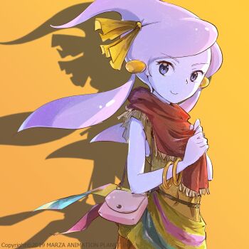 Rule 34 | 1girl, bag, blue eyes, colored skin, copyright notice, drop shadow, highres, looking at viewer, marza staff, purple hair, purple skin, raa (sonic), red scarf, scarf, shoulder bag, solo, sonic: night of the werehog, sonic (series), sonic unleashed, yellow background