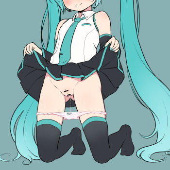 1girl bar_censor bare_shoulders black_skirt black_sleeves black_thighhighs blue_background blue_hair blue_nails blue_necktie blush bow bow_panties censored cleft_of_venus closed_mouth clothes_lift collared_shirt commentary_request detached_sleeves hatsune_miku head_out_of_frame headset highres kneeling lifting_own_clothes loli long_hair long_sleeves nail_polish necktie nekono_rin no_shoes panties panty_pull pink_panties pleated_skirt pussy pussy_juice shirt skirt skirt_lift sleeveless sleeveless_shirt smile solo thighhighs tie_clip twintails underwear very_long_hair vocaloid white_shirt wide_sleeves