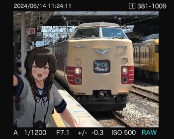 2girls black_hair blue_sailor_collar blush braid brown_eyes camera dated highres ichikawa_feesu isonami_(kancolle) japan_railways kantai_collection long_hair multiple_girls multiple_unit_train open_mouth pantograph photo_background railroad_tracks sailor_collar school_uniform serafuku short_sleeves single_braid smile stairs timestamp train train_station train_station_platform twin_braids uranami_(kancolle) west_japan_railway_company