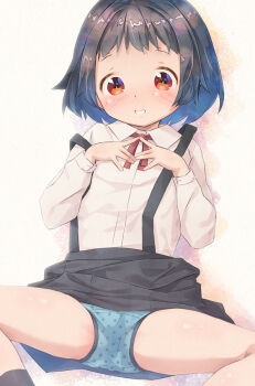 1girl black_hair black_skirt blue_panties blush collared_shirt commentary_request flat_chest loli long_sleeves original paid_reward_available panties parted_lips polka_dot polka_dot_panties pu-en shirt skirt smile solo spread_legs suspender_skirt suspenders underwear white_shirt