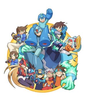 aile_(mega_man_zx) arm_cannon armor bandana brown_hair capcom carrying carrying_person child crossover formal_clothes geo_stelar_(mega_man) grey_(mega_man) helmet kin_niku lan_hikari_(mega_man) mega_man_(character) mega_man_(series) mega_man_battle_network mega_man_legends mega_man_legends_(series) mega_man_star_force_(series) mega_man_volnutt mega_man_x_(series) mega_man_zero_(series) mega_man_zero_2 mega_man_zx megaman.exe omega-xis_(mega_man) robot_boy smile suit vent_(mega_man) weapon x_(mega_man) zero_(mega_man)