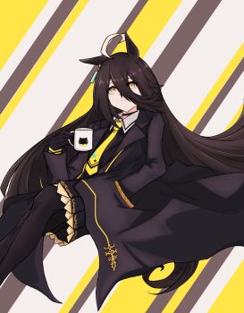 Rule 34 | 1girl, ahoge, animal ears, black coat, black gloves, black hair, black pantyhose, black shirt, black skirt, closed mouth, coat, coffee mug, collared shirt, cup, ear tag, earrings, gloves, hair between eyes, hand in pocket, highres, holding, holding cup, horse ears, horse girl, horse tail, jewelry, long bangs, long hair, long hair between eyes, long sleeves, manhattan cafe (creeping shadow) (umamusume), manhattan cafe (umamusume), metal jumper513, mug, multicolored hair, necktie, pantyhose, shirt, single earring, skirt, smile, solo, tail, umamusume, very long hair, white hair, yellow eyes, yellow necktie