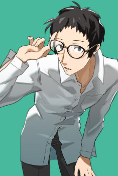1boy absurdres adachi_tooru adjusting_eyewear black-framed_eyewear black_pants brown_hair commentary_request dress_shirt glasses green_background grey_eyes hand_on_eyewear hand_on_own_leg highres leaning_forward looking_at_viewer male_focus open_mouth pants persona persona_4 shirt short_hair simple_background white_shirt yoru_tsuki12