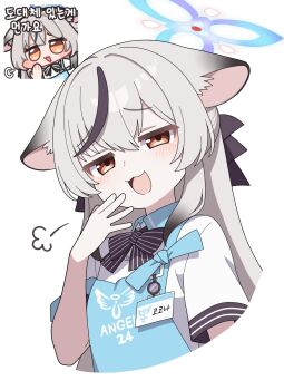 Rule 34 | 1girl, absurdres, angel's 24 uniform (blue archive), animal ear fluff, animal ears, apron, black hair, blue apron, blue archive, blue halo, brown eyes, grey hair, halo, highres, kokona (blue archive), long hair, multicolored hair, polo shirt, shirt, short sleeves, smug, store clerk, streaked hair, tiger ears, tiger girl, vector (dmlddmld00), very long hair, white shirt