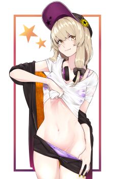 1girl absurdres alternate_costume black_bow black_hat black_jacket black_shorts blonde_hair bow bra bra_strap breasts closed_mouth contemporary groin hat hat_ornament headphones headphones_around_neck highres jacket kirisame_marisa looking_at_viewer orange_jacket panties purple_bra purple_hat purple_panties ribs see-through_clothes see-through_shirt shirt short_shorts short_sleeves shorts shot_(shot0598) star_(symbol) stomach touhou two-sided_fabric two-sided_jacket underwear undressing wet wet_clothes wet_shirt white_shirt yellow_eyes