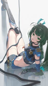 Rule 34 | 1girl, absurdres, bare shoulders, black gloves, black shorts, blue vest, braid, breasts, choker, cropped vest, elbow gloves, fingerless gloves, gloves, green eyes, green hair, hair ribbon, highres, knee pads, long hair, looking at viewer, open mouth, police, police uniform, qingyi (zenless zone zero), ribbon, sb lama, shin guards, short shorts, shorts, sidelocks, small breasts, solo, twin braids, twintails, vest, zenless zone zero