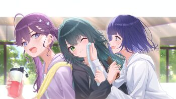 3girls absurdres ahoge blue_eyes blurry blurry_background blush bottle butterfly_hair_ornament commentary_request gakuen_idolmaster green_eyes green_hair hair_ornament hataya_misuzu highres holding holding_bottle holding_towel hood hoodie idolmaster kaya_rinha letterboxed long_hair long_sleeves mole mole_under_mouth multiple_girls one_eye_closed open_mouth outside_border purple_hair shima46 short_hair syngup!_(idolmaster) towel tsukimura_temari twintails white_hoodie wiping_sweat