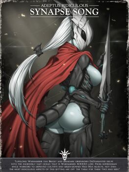 1girl alien ass breasts cape chitin holding holding_sword holding_weapon hollow_knight hollow_knight:_silksong hornet_(hollow_knight) large_breasts long_hair looking_back low-tied_long_hair mask mask_on_head monster_girl pale_skin red_cape science_fiction simple_background sword tail thighhighs tyranid warhammer_40k weapon white_hair zxpfer