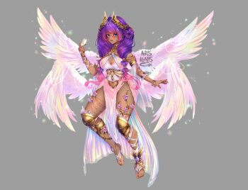 1girl angel aris_ignis blue_eyes braid breasts bug butterfly cha_cha_(vtuber) clothing_cutout dark-skinned_female dark_skin feet flower heart_cutout highres indie_virtual_youtuber insect iridescent_wings jewelry knee_armor large_breasts long_hair mature_female mole mole_under_mouth pelvic_curtain purple_hair solo twin_braids virtual_youtuber wings