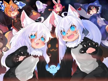 1other 4girls :d :o ahoge animal_ear_fluff animal_ears animal_hands animal_hood animal_nose bird black_dress black_gloves black_hair blue_bird blue_eyes cat_ears commentary_request cosplay dress facial_mark fake_claws fake_tail fins fish_tail fox_ears gloves green_eyes hair_between_eyes halloween halloween_costume highres hood hood_up jiangshi_costume kigurumi long_hair long_sleeves looking_at_viewer multiple_girls ofuda ofuda_on_head onesie open_mouth orange_eyes orange_hair original parted_bangs paw_gloves pink_eyes pink_hair rabbit_ears sailor_collar shark_hood shark_tail sharp_teeth sleeves_past_fingers sleeves_past_wrists slit_pupils smile tail teeth toba_hiyoko twintails very_long_hair whisker_markings white_hair white_sailor_collar