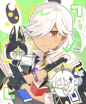 2boys animal_ear_fluff animal_ears black_hair closed_mouth commentary_request cyno_(duolingo)_(genshin_impact) cyno_(genshin_impact) dark-skinned_male dark_skin ebihuraioishi fox_boy fox_ears genshin_impact glass gloves green_hair hair_between_eyes hair_over_one_eye highres holding long_hair looking_at_viewer male_focus multicolored_hair multiple_boys open_mouth paimon_(duolingo)_(genshin_impact) paimon_(genshin_impact) red_eyes short_hair simple_background tighnari_(duolingo)_(genshin_impact) tighnari_(genshin_impact) white_hair