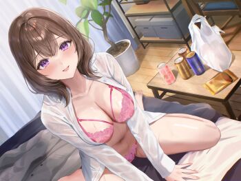 Rule 34 | 1girl, alcohol, bag, blush, bra, breasts, brown hair, buttons, can, chair, cleavage, collarbone, commentary request, curtains, fingernails, hair between eyes, hair intakes, highres, jacket, looking at viewer, medium breasts, medium hair, navel, on bed, open clothes, open mouth, open shirt, original, panties, pink bra, pink panties, plant, plastic bag, potted plant, purple eyes, sakamuke, shirt, sitting, smile, solo, sweatdrop, underwear, unworn jacket, wariza, white shirt