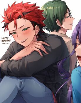 3boys akatsuki_(ensemble_stars!) black_hair black_shirt blush closed_eyes colored_eyelashes commentary_request dated ear_piercing earrings ensemble_stars! fingernails glasses green_eyes green_hair hand_on_own_arm happy_birthday haruko_21 hasumi_keito highres jewelry kanzaki_souma kiryu_kuro long_sleeves male_focus multicolored_hair multiple_boys open_mouth piercing purple_hair red_hair shirt short_hair simple_background smile streaked_hair stud_earrings teeth two-tone_hair upper_teeth_only watermark white_background