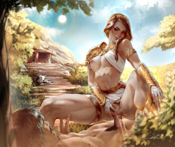 1boy 1girl abs aleriia_v armlet armor assassin&#039;s_creed:_odyssey assassin&#039;s_creed_(series) bandaged_hand bandages blush box braid breasts brown_hair clothed_female_nude_male clothed_sex commentary cowgirl_position criss-cross_halter cum cum_in_pussy day english_commentary erection faceless faceless_male facial_hair female_pubic_hair girl_on_top goatee hair_over_shoulder halterneck hetero jewelry kassandra_(assassin&#039;s_creed) laurel_crown long_braid looking_at_another medium_breasts muscular muscular_female mustache navel nipples no_panties nose_blush nude on_box outdoors pauldrons penis perky_breasts pubic_hair pussy sex shoulder_armor single_braid single_pauldron solo_focus spread_legs spread_pussy straddling thick_thighs thigh_strap thighs toned uncensored