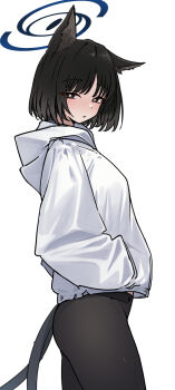 1girl alternate_costume animal_ears black_eyes black_hair black_pants blue_archive blue_halo cat_ears cat_girl guwall halo highres hood hoodie kikyou_(blue_archive) medium_hair no_tail pants simple_background solo white_background white_hoodie yoga_pants