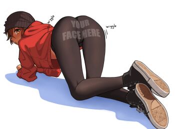 1girl all_fours ass black_pantyhose brown_hair cameltoe clothes_writing commentary detached_sleeves dress english_commentary english_text full_body fur-trimmed_dress fur-trimmed_headwear fur_trim hat kyoko_(madaotheory) looking_at_viewer madaotheory original pantyhose red_dress red_hat santa_costume santa_dress santa_hat short_hair simple_background solo variant_set