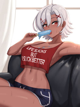 Rule 34 | 1girl, breasts, commentary, couch, crop top, cslucaris, dark-skinned female, dark skin, english commentary, food, food in mouth, highres, holding, holding food, holding popsicle, hot, indoors, large breasts, looking at viewer, lucille (cslucaris), melting popsicle, on couch, original, popsicle, popsicle in mouth, red eyes, red nails, red shirt, shirt, shorts, summer, sweat, tight top, white hair