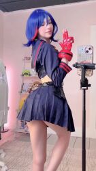 1girl animated ascot ass black_panties blue_hair blue_shirt blue_skirt bottomless bouncing_ass breasts clothes_pull cosplay female_focus finger_gun fingerless_gloves flashing gloves grabbing_own_breast hair_between_eyes hasunoue_keroppi hello_kitty hello_kitty_(character) highres huge_filesize indoors jiggle kill_la_kill long_sleeves mario_(series) matoi_ryuuko matoi_ryuuko_(cosplay) medium_hair miamiaxof narrow_waist navel nintendo nipples one_eye_closed panties panty_pull petite phone photo_(medium) pleated_skirt pussy real_life red_ascot red_gloves red_hair sanrio school_uniform senketsu serafuku shirt skirt skirt_pull small_breasts solo standing stuffed_animal stuffed_toy super_star_(mario) suspenders tagme uncensored underwear undressing video wide_hips wink