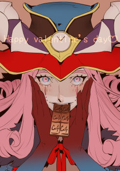 Rule 34 | 1boy, absurdres, blue eyes, chocolate, commentary request, curly hair, facial mark, fate/grand order, fate (series), food in mouth, fur trim, gloves, happy valentine, hat, highres, looking at viewer, loveyama, makeup, male focus, mephistopheles (fate), multicolored eyes, purple eyes, purple hair, solo, upper body