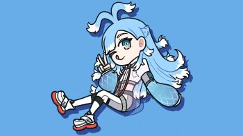 1girl ;p absurdres antenna_hair aqua_background aqua_eyes aqua_hair commentary highres hololive hololive_indonesia jacket kobo_kanaeru kobo_kanaeru_(1st_costume) liquid_hair long_hair long_sleeves looking_at_viewer midriff multicolored_hair one_eye_closed see-through_clothes see-through_jacket shoes shorts simple_background sleeves_past_fingers sleeves_past_wrists solo streaked_hair symbol-only_commentary tongue tongue_out v virtual_youtuber white_streaks zetta_05