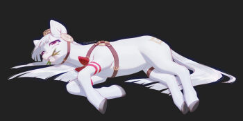 animal animal_focus animalization black_background blunt_bangs bow commentary cutie_mark eating gold_ship_(umamusume) grass grey_hair hat highres hooves horse long_hair lying my_little_pony my_little_pony:_friendship_is_magic no_humans on_side pillbox_hat pony_(animal) recursive_animalization red_eyes simple_background solo theartgun umamusume