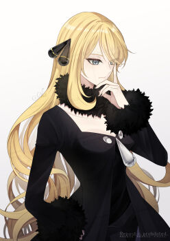 1girl black_coat black_nails black_pants black_shirt blonde_hair breasts closed_mouth coat cynthia_(pokemon) fur-trimmed_sleeves fur_collar fur_trim grey_eyes hair_ornament hair_over_one_eye hand_on_own_face highres index_finger_raised long_hair medium_breasts nintendo pants pokemon pokemon_dppt sakaralalala shirt simple_background solo upper_body very_long_hair white_background