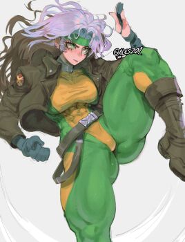 1girl abs absurdres artist_name belt bodysuit boots breasts bright_pupils brown_hair collar colored_bangs combat_boots commentary english_commentary eyelashes fighting_stance gabriel_ales gloves gluteal_fold green_bodysuit green_eyes green_headband grey_background hair_intakes half_gloves headband highres jacket knee_up large_breasts leather leather_boots long_hair loose_belt marvel metal_collar mole mole_under_mouth multicolored_bodysuit multicolored_hair muscular muscular_female parted_bangs rogue_(x-men) simple_background superhero_costume two-tone_bodysuit two-tone_hair wavy_hair white_hair white_pupils x-men x_(symbol) yellow_bodysuit