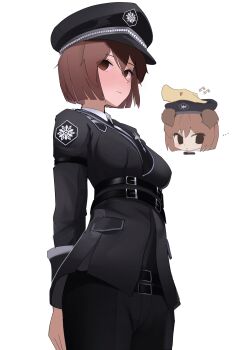 Rule 34 | ..., 1girl, absurdres, animal ears, arms behind back, belt, black belt, black hat, black jacket, black pants, blunt ends, breasts, brown eyes, brown hair, ch2haya p, chibi, chibi inset, commentary, cowboy shot, disembodied hand, dog ears, empty eyes, hagiwara yukiho, hat, highres, idolmaster, idolmaster (classic), jacket, korean text, long sleeves, military dress uniform, military uniform, pants, peaked cap, short hair, simple background, snowflake print, solo, standing, symbol-only commentary, white background