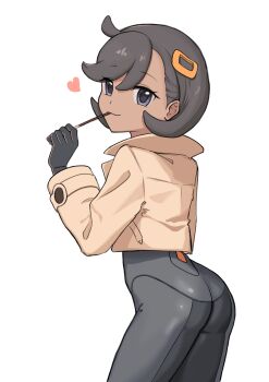 Rule 34 | 1girl, absurdres, ass, black bodysuit, black gloves, black hair, bodysuit, bodysuit under clothes, brown jacket, closed mouth, commentary, cowboy shot, cowlick, dark-skinned female, dark skin, emma (pokemon), food, food in mouth, gloves, hair between eyes, hair ornament, hand up, heart, highres, holding, holding food, holding pocky, jacket, kachi 5057, latex, latex bodysuit, long sleeves, looking at viewer, nintendo, pocky, pocky day, pocky in mouth, pokemon, pokemon legends: z-a, purple eyes, short hair, sidelocks, simple background, smile, solo, standing, swept bangs, white background