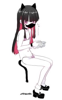 1girl animal_ears arms_up bikini black_hair cat_ears cat_tail choker controller flat_chest highres holding holding_controller long_hair looking_at_viewer mask mouth_mask mudou_eichi multicolored_hair navel original purple_bikini purple_eyes red_hair shoes sitting socks solo swimsuit tail two-tone_hair white_background