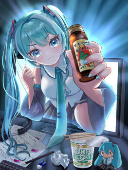 1girl absurdres aqua_eyes aqua_hair aqua_nails aqua_necktie aqua_trim black_skirt blush bottle breasts chopsticks closed_mouth collared_shirt computer computer_keyboard instant_cup_noodles detached_sleeves eraser hair_between_eyes hair_ornament hatsune_miku highres holding holding_bottle instant_cup_noodles instant_noodles long_hair long_sleeves looking_at_viewer maarin_(59567861) medium_breasts monitor necktie paper pencil pleated_skirt shirt skirt sleeveless sleeveless_shirt smile solo translation_request very_long_hair vocaloid white_shirt wide_sleeves