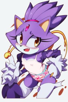 1girl accidental_exposure animal_ears armpits blaze_the_cat blush breasts burnt_clothes camisole camisole_tucked_in cat_ears cat_girl cat_tail collarbone colored_skin embarrassed euf-dreamer eyelashes fang female_focus fire forehead_jewel fur-trimmed_gloves fur_trim furry furry_female gloves hello_kitty high_ponytail highres humiliation legs looking_at_viewer mismatched_underwear multicolored_skin neck open_mouth panties pants pink_camisole pink_panties ponytail print_panties purple_hair pyrokinesis sanrio shiny_skin simple_background small_breasts sonic_(series) source_request standing sweat sweatdrop tail thighs torn_clothes torn_pants two-tone_skin underwear underwear_only wardrobe_malfunction white_background yellow_eyes