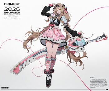 1girl absurdres breasts brown_hair cleavage commentary detached_sleeves dress english_text fingerless_gloves frilled_dress frills gloves green_eyes hachisan highres holding holding_sword holding_weapon huge_weapon jewelry long_hair necklace original solo sword weapon white_background