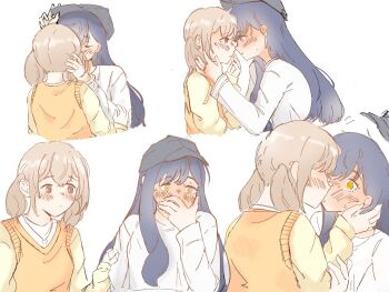 2girls azusawa_kohane black_hat blue_hair blush brown_eyes brown_hair chaimamon closed_eyes commentary earrings english_commentary hand_on_another&#039;s_neck hat heart heart_necklace jewelry kiss long_hair multiple_girls necklace orange_sweater_vest project_sekai shiraishi_an shirt simple_background sweat sweater_vest twintails white_background white_shirt yellow_eyes yellow_shirt yuri