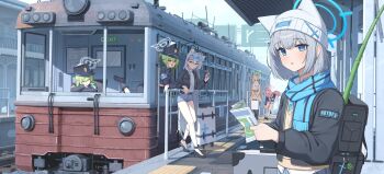 6+girls absurdres backpack bag black_boots black_hat black_jacket black_shoes black_shorts blue_archive blue_eyes blue_halo blue_scarf boots brown_coat brown_hair buttons camera closed_eyes coat earrings fang full_body green_eyes green_hair green_halo grey_hair hair_between_eyes halo hat heterochromia high_heels highres hikari_(blue_archive) holding holding_camera holding_suitcase hoshino_(blue_archive) jacket jewelry long_hair long_sleeves multiple_girls nonomi_(blue_archive) nozomi_(blue_archive) open_mouth pang-yo pantyhose pink_hair pink_scarf pointy_ears scarf shiroko_(blue_archive) shiroko_terror_(blue_archive) shoes short_hair shorts siblings sisters suitcase sweatdrop tail train twins twintails v-shaped_eyebrows white_hat white_scarf yellow_eyes