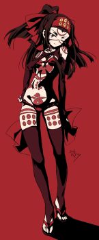 1girl absurdres black_thighhighs bodypaint bra breasts brown_eyes brown_hair closed_mouth commentary_request erakin full_body fundoshi girls_und_panzer hair_ribbon highres japanese_clothes long_hair looking_at_viewer navel one_eye_closed ponytail red_background red_bra red_fundoshi ribbon saemonza_(girls_und_panzer) simple_background small_breasts smile solo thighhighs underwear