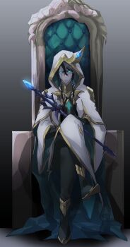 1boy bad_id bad_pixiv_id black_hair black_pants bleach blue_eyes cape closed_mouth crossed_legs facial_mark frown full_body gradient_background grey_background hair_between_eyes highres hishui_prpr holding holding_staff hood hood_up hooded looking_at_viewer male_focus pants short_hair sitting solo staff throne ulquiorra_cifer white_cape