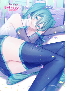 1girl aqua_eyes aqua_hair aqua_necktie aqua_trim black_skirt boots box closed_mouth collared_shirt dated detached_sleeves feet_out_of_frame gift gift_box hair_between_eyes hair_ornament happy_birthday hatsune_miku highres hino_awai light_blush long_hair long_sleeves looking_at_viewer lying necktie on_side pleated_skirt see-through_clothes see-through_sleeves shirt skirt sleeveless sleeveless_shirt smile solo thick_thighs thigh_boots thighs twintails very_long_hair vocaloid white_shirt wide_sleeves