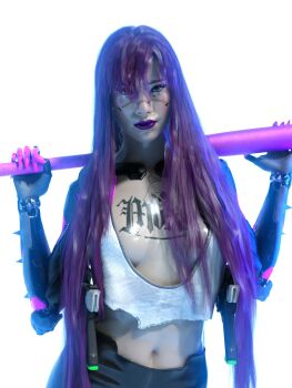 1girl 3d asian baseball_bat breasts bright_background chest_tattoo cyberpunk cyberpunk_(series) cyberpunk_2077 highres holding holding_baseball_bat long_hair looking_at_viewer medium_breasts midriff navel purple_hair purple_lips rita_wheeler simple_background solo tank_top tattoo torn_clothes torn_tank_top white_background white_tank_top word2_doc