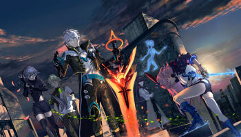 2boys 3girls absurdres animal_ears black_bodysuit black_boots black_coat black_gloves black_jacket black_pants black_shorts black_thighhighs blue_boots blue_eyes blue_gloves blue_hair bodysuit boots city cleavage_cutout closed_eyes clothing_cutout cloud cloudy_sky coat crossover elbow_gloves fingerless_gloves fox_ears fu_hua fu_hua_(shadow_knight) gloves green_hair grey_hair hair_between_eyes hand_up hands_up highres holding holding_sword holding_weapon hologram honkai_(series) honkai_impact_3rd jacket katana kevin_kaslana lab_coat long_hair long_sleeves looking_at_viewer looking_down low_ponytail mei_(honkai_impact) multiple_boys multiple_girls official_alternate_costume open_clothes open_jacket outdoors pants pink_hair ponytail prometheus_(honkai_impact) purple_eyes purple_hair shirt short_hair short_sleeves shorts single_glove single_thighhigh skavenprime sky sleeves_rolled_up standing su_(honkai_impact) sunset sword thighhighs weapon white_hair white_shirt yae_sakura yae_sakura_(goushinnso_memento)