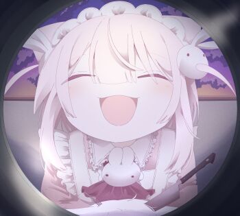 Rule 34 | 1girl, animal ears, apron, ashi izumo, cat ears, commentary request, facing viewer, frilled shirt collar, frills, hair ornament, highres, knife, long hair, maid apron, maid headdress, open mouth, original, pov peephole, rabbit, rabbit hair ornament, smile, straight-on, upper body