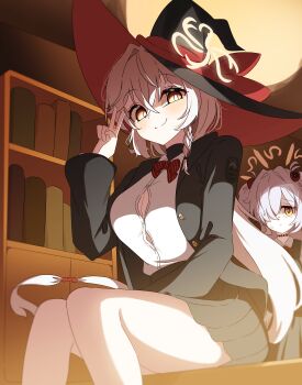 2girls absurdres black_hat black_skirt blue_archive book bookshelf braid breasts button_gap cleavage commentary_request eri_(blue_archive) grey_hair halo hat highres kanoe_(blue_archive) long_hair long_sleeves looking_at_viewer multiple_girls pleated_skirt qorwja shirt sitting skirt two_side_up v white_shirt witch_hat yellow_eyes