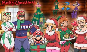 2boys 4girls archdan blonde_hair blue_eyes box breasts brown_hair captain_falcon christmas christmas_lights christmas_tree cleavage cosplay dress earrings elf_costume f-zero facial_hair flower_earrings food geno_(mario) gift gift_box gloves grin hands_on_own_hips hat helmet highres iron_bundle jewelry link long_hair looking_at_another looking_at_viewer mario mario_(series) merry_christmas metroid multiple_boys multiple_girls mustache mythra_(xenoblade) nintendo pantyhose patrick_star pokemon ponytail princess_daisy princess_peach puppet samus_aran santa_costume santa_dress santa_hat shiny_skin short_hair skirt smile spongebob_squarepants spongebob_squarepants_(series) standing super_mario_bros._1 super_mario_land sweater the_legend_of_zelda tingle tingle_(cosplay) toy v warupeach xenoblade_chronicles_(series) xenoblade_chronicles_2 yellow_eyes